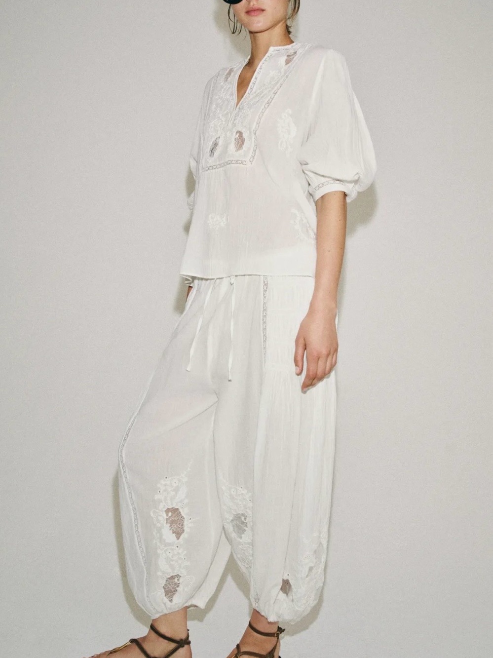 Zara Cream Embroidered Peasant Top